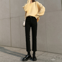 High-waisted black straight jeans womens spring and autumn 2021 New loose thin elastic nine-point pipe pants