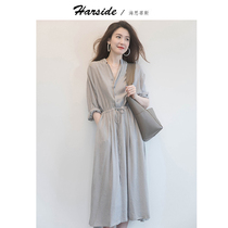 HARSIDE 2021 summer New temperament goddess fan vertical striped shirt long waist slim dress women