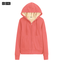 Plus velvet sweater womens cardigan autumn and winter sports leisure imitation cashmere pink orange hooded zipper thick warm coat