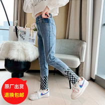 Girl Little Feet Pants Spring Dress 2022 New CUHK Girl Fashion Foreign Gas Chessboard Grid Casual Elastic Jeans