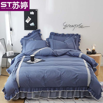 Cotton bed skirt lace four-piece cotton princess style pure color bed cover Korean version 1 5m11 8m2 rice bedding