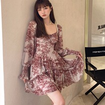 Long sleeves Broken Flowers Skirt Woman 2021 Autumn Summer Dress New Design Feel Style High Waisted Waist Display Slim Fit Dress