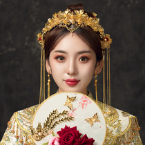 2021 new simple atmospheric bride wedding Chinese costume golden suit Xiuhe clothing dragon and phoenix orangutan headdress