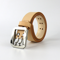 Italian mens belt double needle buckle belt Mens double row pure stainless steel buckle head cowhide handmade pants tide