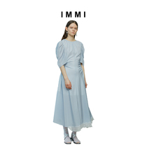(Designer brand IMMI) Fresh striped copper ammonia bubble sleeve open waist dress 191DS004