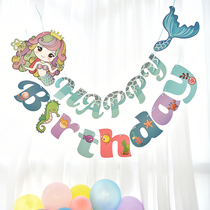 Mermaid Birthday Cartoon Banner Children Girl Birthday Decorations Arrangement Labanner Flag Party Scene Arrangement