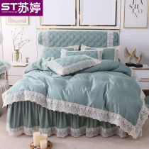 Korean lace dress three or four piece set thick cotton cotton non-slip double bed cover extra head cover bed cover 1 8m2 m