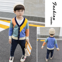 Male baby knitted cardigan 2019 autumn new boys  foreign style color stitching sweater childrens V-neck sweater tide