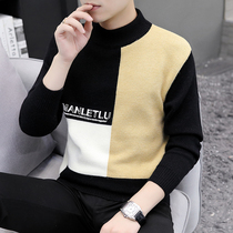 Semi-turtleneck sweater male handsome stitching color mid-collar knitted base shirt autumn and winter Korean slim fashion trend thread coat
