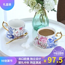 European style retro English afternoon tea irregular blue and white coffee cup saucer luxury flower and bird tea ceramic cup gift box
