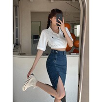 Denim Half Body Dress Woman High Waist Display Slim Open Fork Medium Long blue Body Wrap Hip Skirt 2021 Summer New