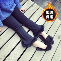 Girls jeans 2022 new autumn and winter female baby horn pants plus suede thickened foreign wearing broadlegged pants