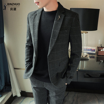 Plaid casual suit mens jacket Korean slim trend woolen suit suit suit padded jacket autumn and winter