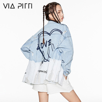 viapitti Graffiti Love Destroys Cowboy Shirt New Loose-breasted Autumn Top Women's Holes Gradually Change Color