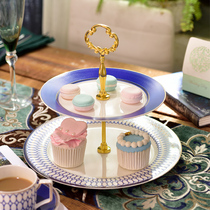 High-grade European bone china blue double-layer fruit plate English afternoon tea dessert shelf cake tray skewer candy plate