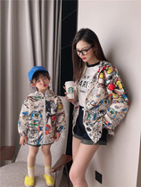 Fried Street parent-child filled with printed cartoon graffiti Even hat jacket 2021 Spring sunscreen Assault Clothing Nets Red Female Dress Damp