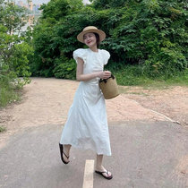 2022 summer new pure desire wind puff sleeves backless dress female niche design temperament first love white long skirt