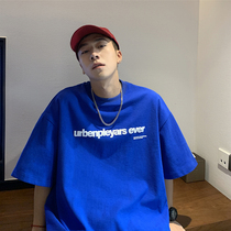 Klein blue-heavy pound small neckline t-shirt oversize American minimalist short sleeve mens design for a small crowd summer 7