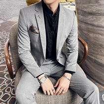 Mens sashimi suit male suit groom wedding gown The Korean version of business casual trends Two sets of small suits men