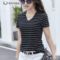 Mi Amarshman flagship store official website 2021 summer half sleeve top stripe loose mercerized cotton V collar short sleeve t-shirt women