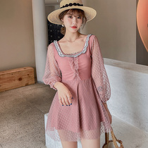 Korean swimsuit womens one-piece dress conservative slim flat angle large size Belly Belly student size chest fashion lace long sleeve
