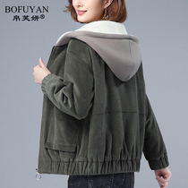 2021 early autumn new womens short coat spring and autumn large size hooded mother corduroy jacket coat tide