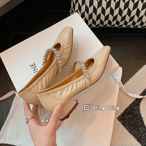 Sweet and shallow mouth heel Mary Jane shoes Girl 2022 Spring new water drill with a straight belt girl single shoe