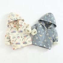 Baby plus velvet coat 0-1-2-3 years old boy autumn hooded coat baby dress