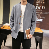 Autumn thin cardigan jacket male Chinese style Hanfu coat coat solid color residence clothes meditation literary youth clothes fat