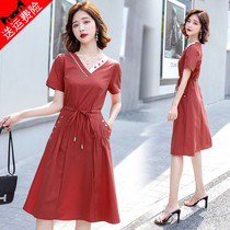 Summer Short Sleeve V Collar Dress Red Drawing Rope Splicing Pocket With Slim And Reduced-Age Temperament Hebbon Windy Dress