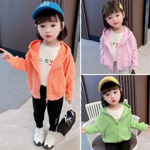 Girls solid color knitwear coat 2021 new childrens hooded foreign sweatshirt female treasure Net red Korean cardigan