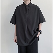 Hong Kong Chauded Salt Department Korean version day of pure color upright collar shirt sleeve head loose summer short sleeve inch shirt damp man shirt