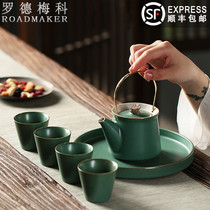 Rodmeco Japanese Kung Fu tea set Household one pot four cups portable simple girder ceramic tray set