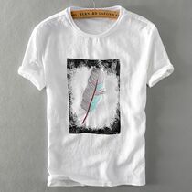 Embroidered Linen t-shirt Mens summer round neck casual loose cotton and linen short-sleeved T-shirt Mens white top clothes