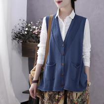 Han Suoyi retro art autumn and winter New knitted vest womens cardigan I-shaped horse clip V-collar jacket thin