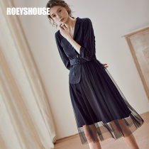 Luo Yi temperament elegant swing dress autumn new spliced mesh slim lace-up fake two-piece skirt 00509