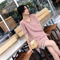 2021 summer dress new V-neck striped ice knitted dress womens loose casual slim fashion Medium-length dress