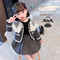 Girls  autumn suit 2021 new Western style childrens houndstooth two-piece Korean version of the net red female baby suit skirt