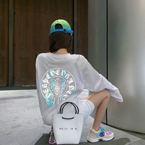Hong Kong Tide 2021 Autumn white long sleeve T-shirt female luminous print loose size medium long Joker top