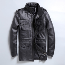 m65 hunted dermis fur leather clothing male locomotive upright head layer cow leather plus cotton medium long style wind clothes autumn winter locomotive jacket