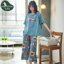 Pajamas Women Summer Cotton Short Sleeve Capri pants Loose Korean Cute Summer Home Clothes Lady Two Piece