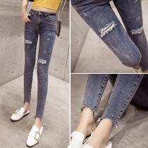 Spring wear jeans women light blue hole social leggings small feet pencil pants thin stretch stretch thin ankle-length pants