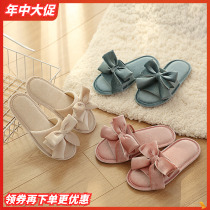 Japanese golden velvet bow slippers ladies thick-soled spring and autumn home slippers home indoor air conditioning plush shoes