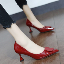 Fataway High heels woman 2022 New online red round buckle temperament pointed red small leather shoes spring fine heel single shoes