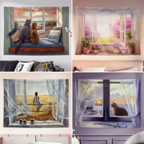 Background Bins hangings Cute Cat Window Room Tapestry Bedroom Bedside Wall Cloth Background Wall Decoration Hanging Painting Cloth Art