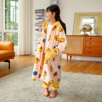 Childrens coral velvet pajamas autumn and winter girls flannel little girl home clothing set thick medium child long