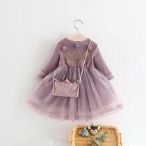 Q549 Spring and autumn section Womens baby upscale dress net yarn splicing long sleeve princess dress pure color crown dress