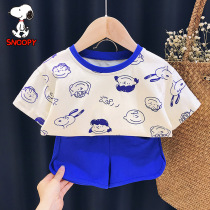 Innube Snoopy boy short sleeve shorts suit summer baby pure cotton half sleeve t-shirt girl two sets