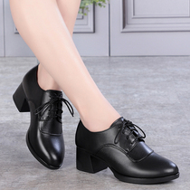 2021 spring and autumn new leather single shoes womens wild middle heel thick heel round head large size black shoes middle-aged mother shoes