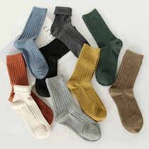 HENNYRUE autumn and winter solid color wool womens short tube socks Korean stripe pile socks Japanese series white strip Foundation